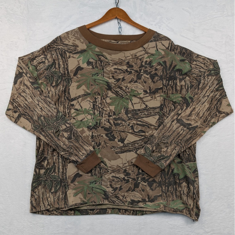 VTG Realtree T-Shirt Mens XL Brown Camo Pocket Long Sleeve Stitch Distressed 90s